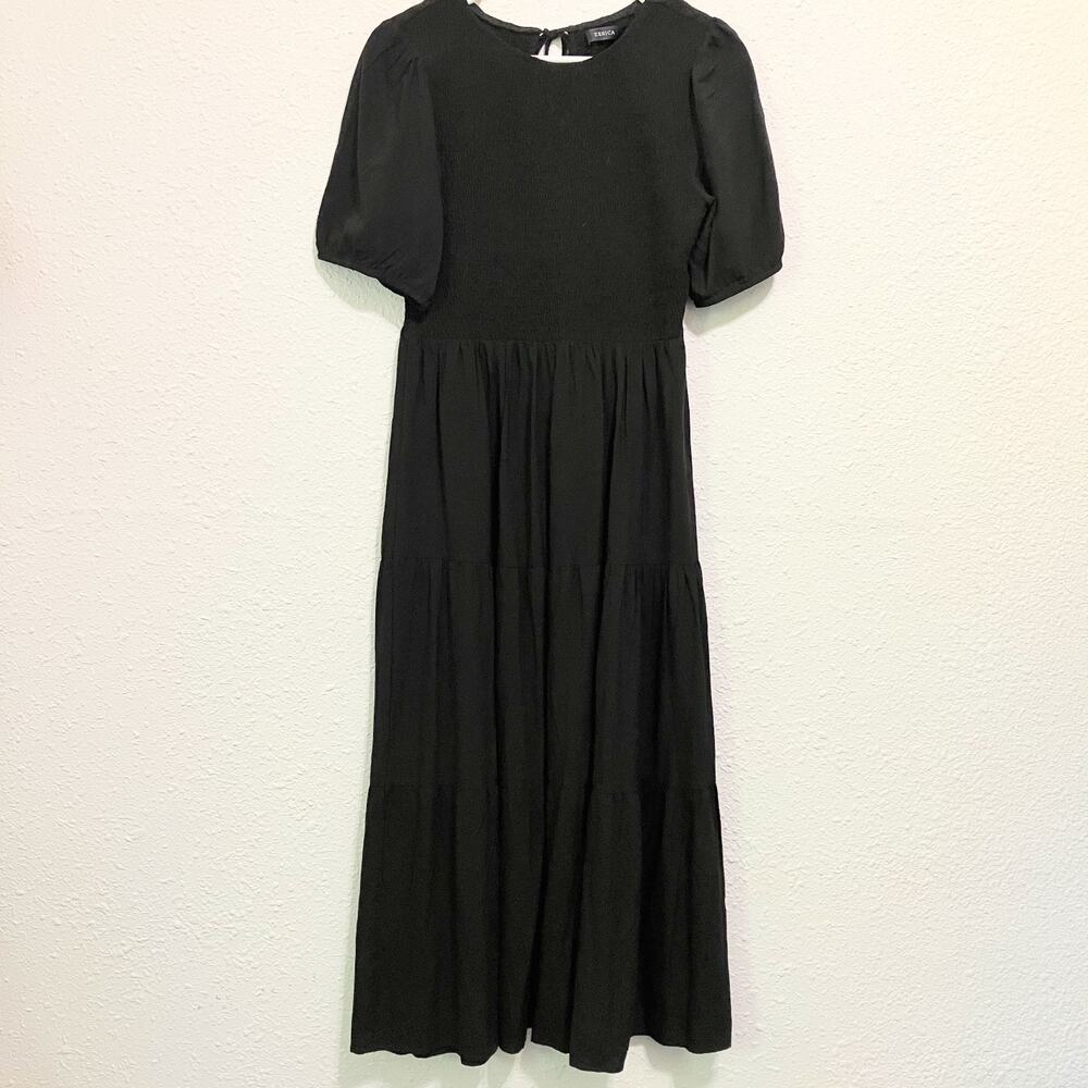 ZESICA Black Smocked Tiered Maxi Dress Puff Sleeve Women's Sz L Witchy Prairie
